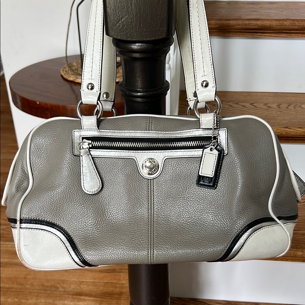 Gray and White Leather Handbag